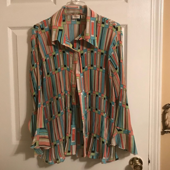 Multi Color Pleated Ruffle Sleeve Button Up Top - Picture 2 of 5